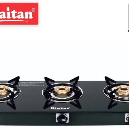 Khaitan 3 Burner BP-JIO Black MS Frame Toughened Glass Manual Gas Stove (3 Burners)